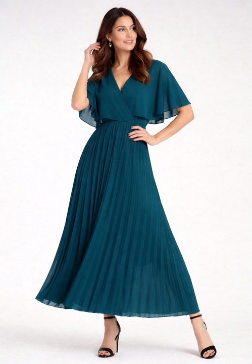 Figl maxi ruha, átlapolt dekoltázs, pliszírozott, kék, S-M INTL