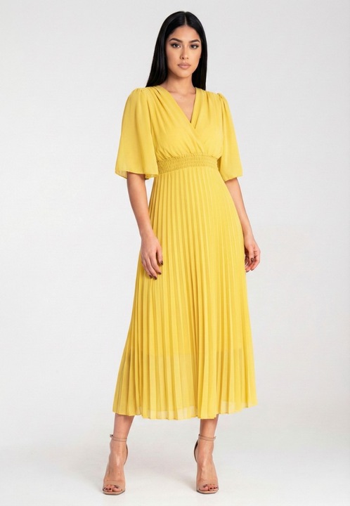 Figl női ruha, pliszírozott, sárga, légies anyag, átlapolt dekoltázs, rövid pillangóujj, S-M INTL