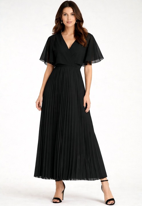 Figl maxi ruha, V-nyakú, rakott szoknya, fekete, légies, S-M INTL