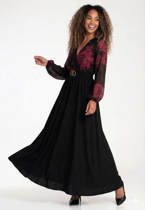 Figl hosszú ruha, V-nyakú, átlátszó ujjú, fekete-piros