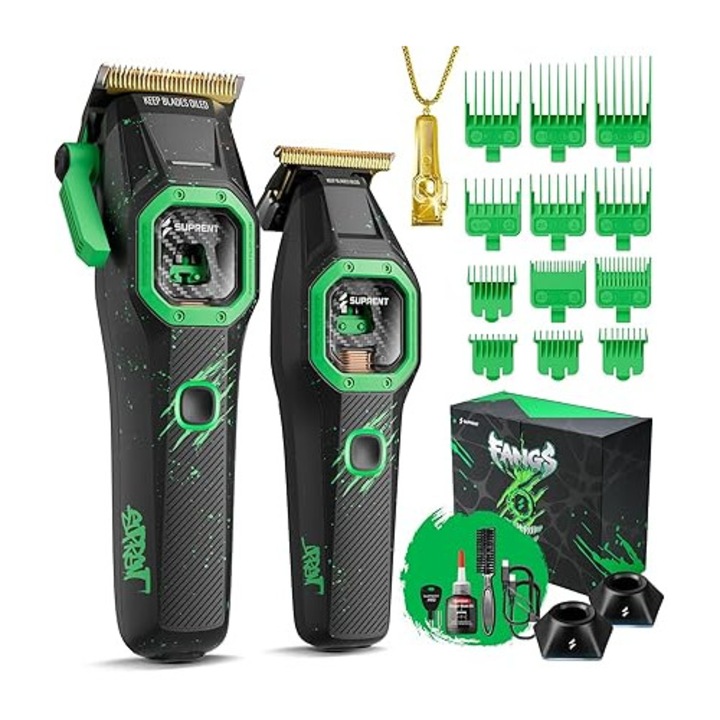 Masina de tuns fara fir SUPRENT Fangs Professional – Motor V10 Vector 13.000 RPM cu control AI al vitezei, lama patentata U-tooth pentru degradeuri Zero Gap