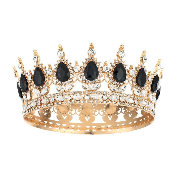 Tiara de mireasa din aliaj auriu cu cristale negre si transparente, stil baroc, accesorii par