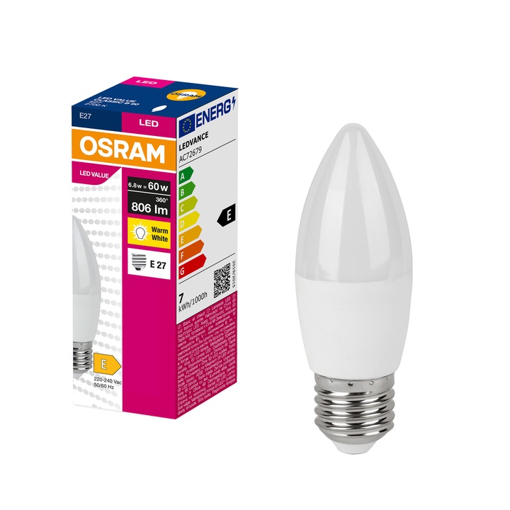LED крушка Osram Value, E27, 6.8W, 806lm, Топла светлина (2700K), Енергиен клас E