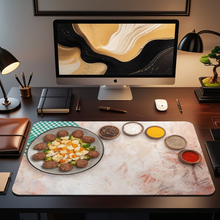 Mousepad Deskmat Chiftelute cu legume mancare traditionala romaneasca 800x400x4mm margini drepte cusute Oktane
