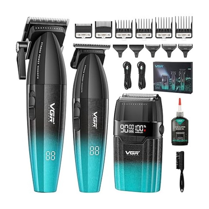 VGR 640 S3 Aparat de Tuns 3-in-1 pentru Barbati, Aparat Profesional de Tuns si Ras cu Folie, Set de Frizerie Wireless cu Ecran LED pentru Frizeri si Uz Casnic, Verde