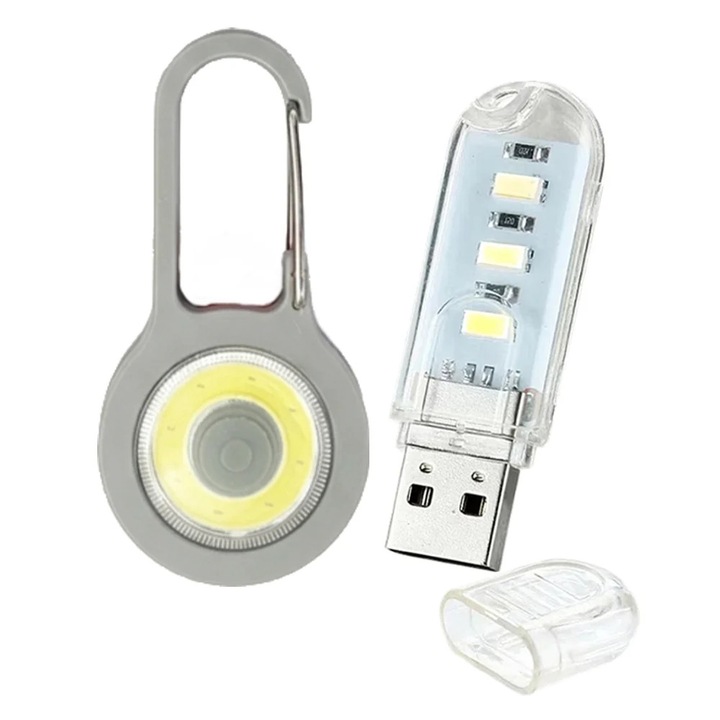 Компактен преносим комплект за осветление с USB лампа 3W 5V прозрачна и многофункционален LED фенер тип карабинер сив