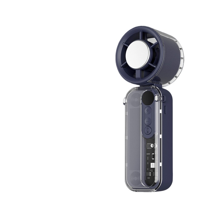 Ventilator portabil, racire cu semiconductori, autonomie extinsa, se poate purta la gat, pliabil, afisaj digital LED, 3600 mAh, 60 × 48 × 160 mm, Albastru