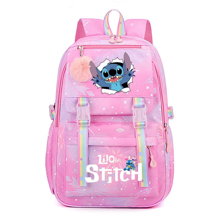 Lány hátizsák, nagy kapacitású, szivárvány mintás, rózsaszín, C stílus