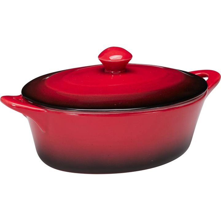 Ramekin cu capac Excellent Houseware, portelan, 21x14x8 cm, 600 ml, roșu