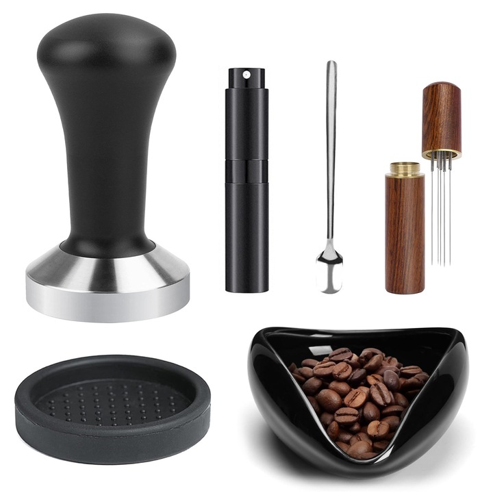 Set accesorii tamper cafea din otel inoxidabil, 6 piese, negru