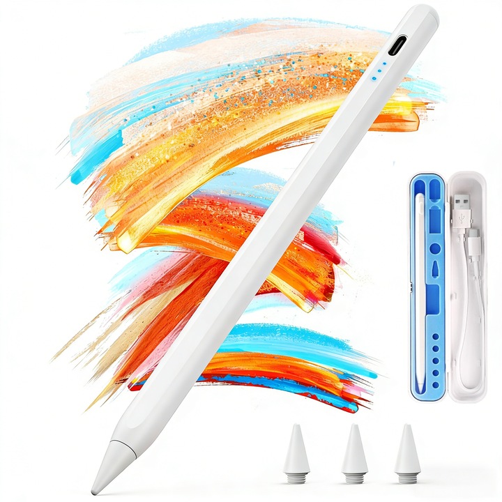 Stilou pentru iPad Apple 2018-2026, incarcare rapida 2x, compatibil cu iPad 6-11, Pro 11"/12.9"/13", Air 3-5, Air 11"/13", Mini 5-7, adsorbtie magnetica, respingere palma, functie inclinare 3 varfuri de schimb + cutie de depozitare