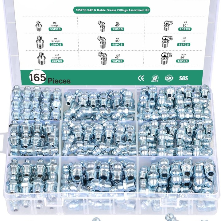 Set 165 bucati conectori pentru pistol de uns, otel galvanizat, dimensiuni standard, cutie de depozitare