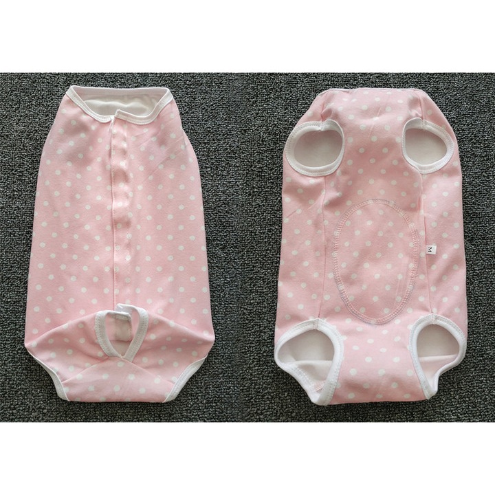 Costum pentru caini, roz cu buline, M sau L, set pentru recuperare post-operatorie