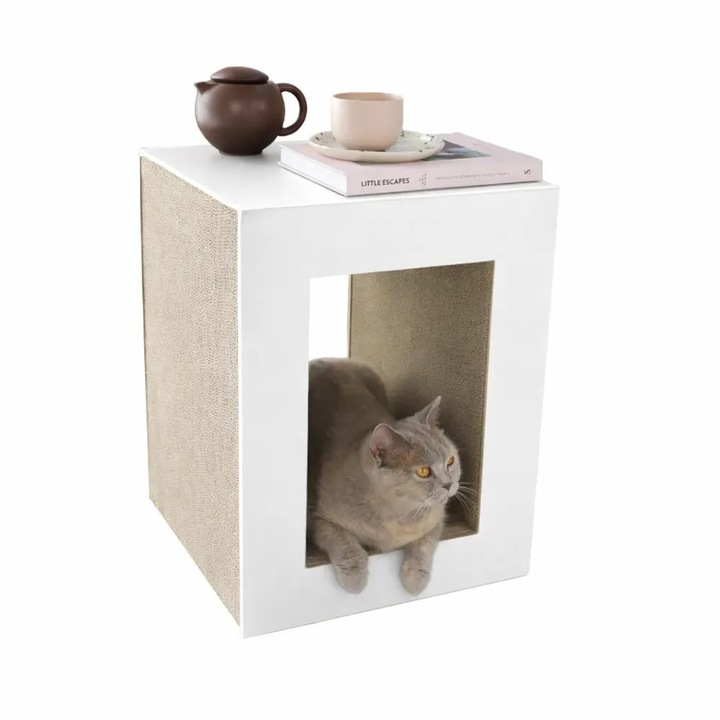 Casuta pentru pisici 2in1 Hoopo, design 2in1 - zona de zgariere si relaxare pentru felina/masuta decorativa, interior detasabil, utilizare flexibila, suprafata pentru gheare sanatoase, nu necesita montaj, design minimalist, material sustenabil, alb