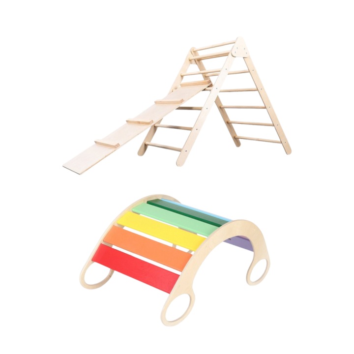 Set Montessori Tuktuk - triunghi Pikler și balansoar 5 în 1, multicolor, 56x61x50cm