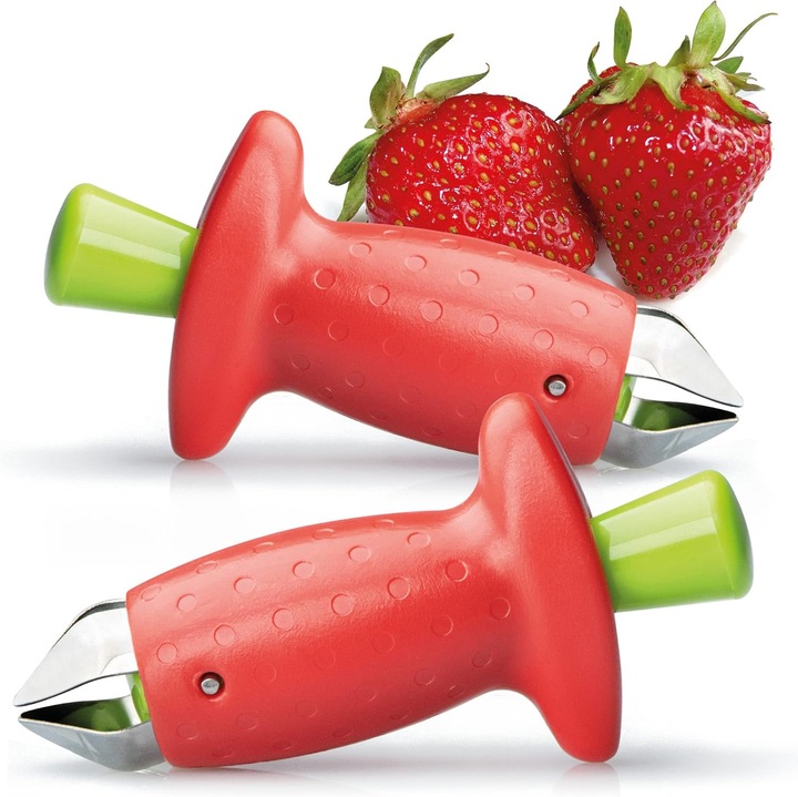Set 2 x Extractoare tulpini capsuni, inox, argintiu, verde, rosu, 9.5x5x3cm