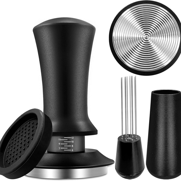 Tamper de cafea 53mm cu set complet de accesorii, ajustare 6-12mm, design cu presiune constanta, inox
