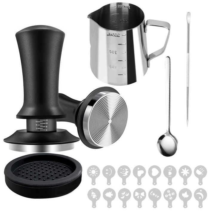 Set accesorii espresso, 58mm tamper, recipient lapte 350ml, 16 sabloane, mata protectie