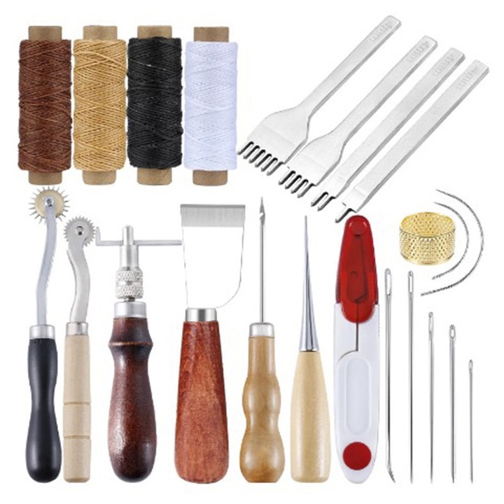 Set scule pentru lucru cu pielea, unelte de cusut manual, unelte de perforare, multicolor