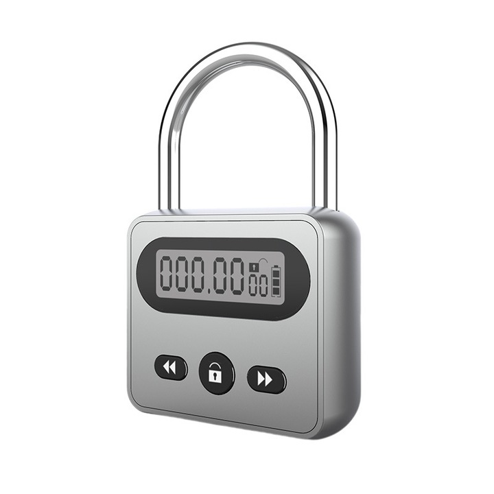 Електронна ключалка с таймер, LCD дисплей, зареждане Type-C, сребриста, компактни размери
