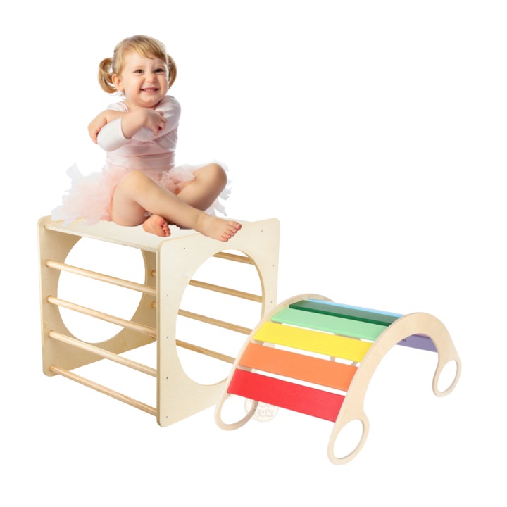 Set Montessori - cub montessori si balansoar curcubeu 5 in 1