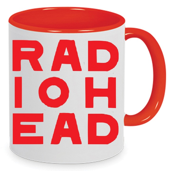 Cana Radiohead No7 330ml ceramica alba si rosie, design artistic, rezistenta la masina de spalat, pentru fani alternativi