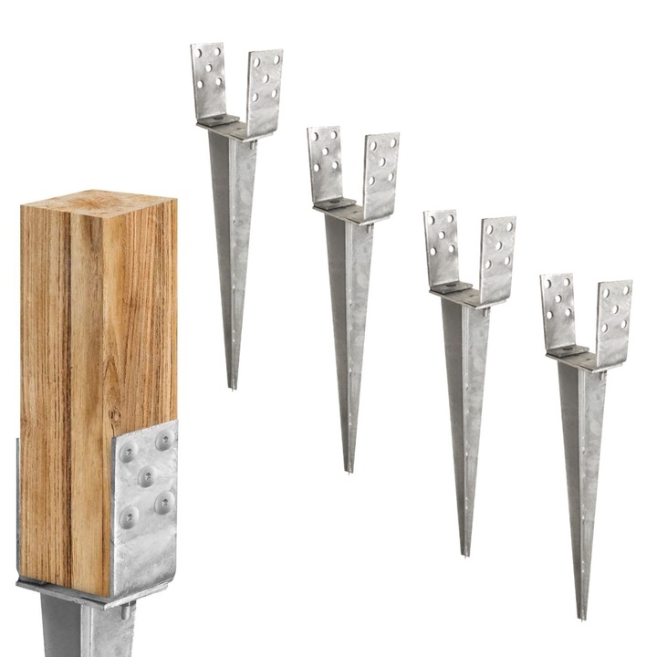 Set 4 suporturi metalice cu tepusa, DMX PSGR, Pentru Pamant Fara Beton, Protectie Anticoroziune Zincata Termic, Ideala Pentru Garduri Terase Sau Pergole, Montare Rapida si Usoara, Rezistenta Maxima, Baza Stalp Reglabila 0–120 mm, Argintiu