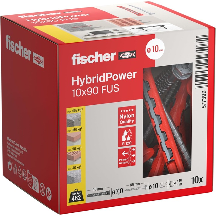 Fischer HybridPower 10 x 90 FUS, ancora pentru capacitate portanta maxima si siguranta, universala pentru materiale de constructii goale si solide, zidarie, beton, sigura si in caz de incendiu