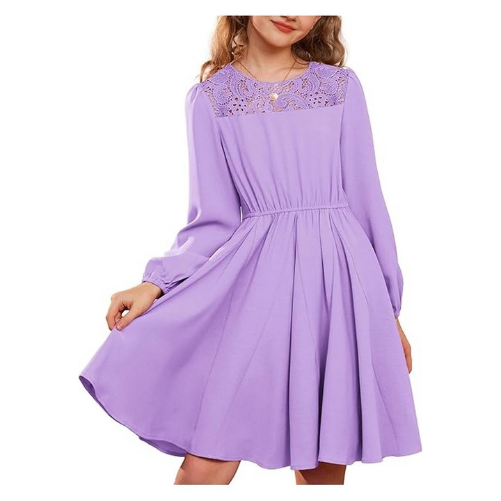 Rochie GRACE KARIN pentru fete cu maneca lunga si guler rotund din dantela, Lila