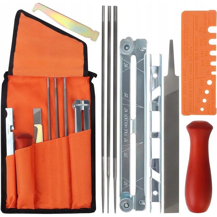 Set de pilniki pentru ascutirea lantului de ferastrau, 10 piese, cu geanta, din otel durabil si lemn tare