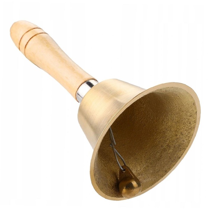 Clopotel de Craciun din metal, auriu, 15x8cm, cu maner din lemn