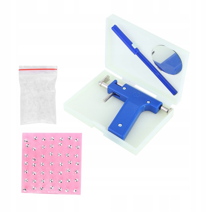Set pentru piercing urechi, pistol, 49 perechi cercei, 100 dopuri, plastic, multicolor