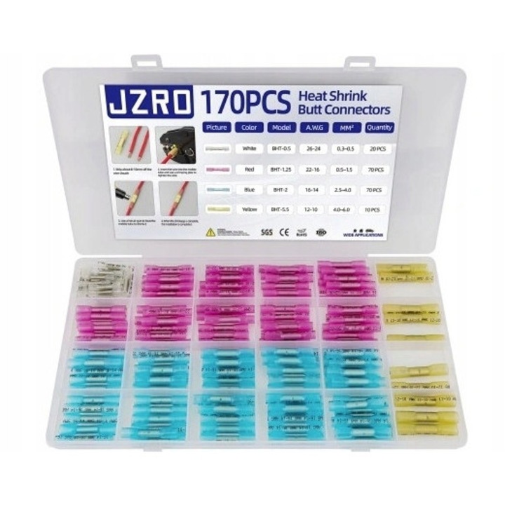 170 db zsugorcsöves csatlakozó készlet, vízálló, 0.3-6.0mm, többszínű