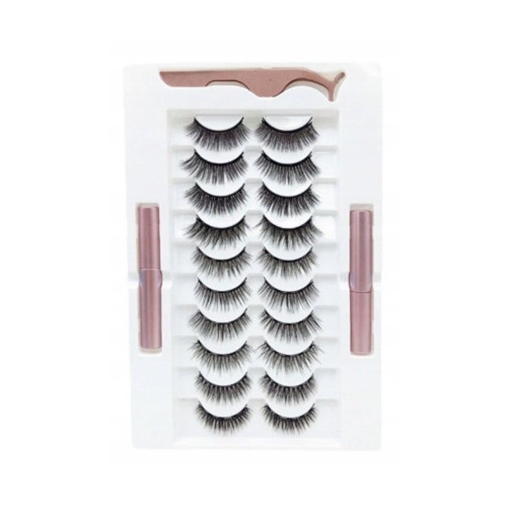 Комплект аксесоари за грим, 10 чифта дълги магнитни мигли, 2 очни линии, многоцветен