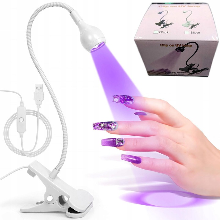 Lampa UV LED 5W pentru intarirea gelului, alb, cu brat flexibil si clip reglabil