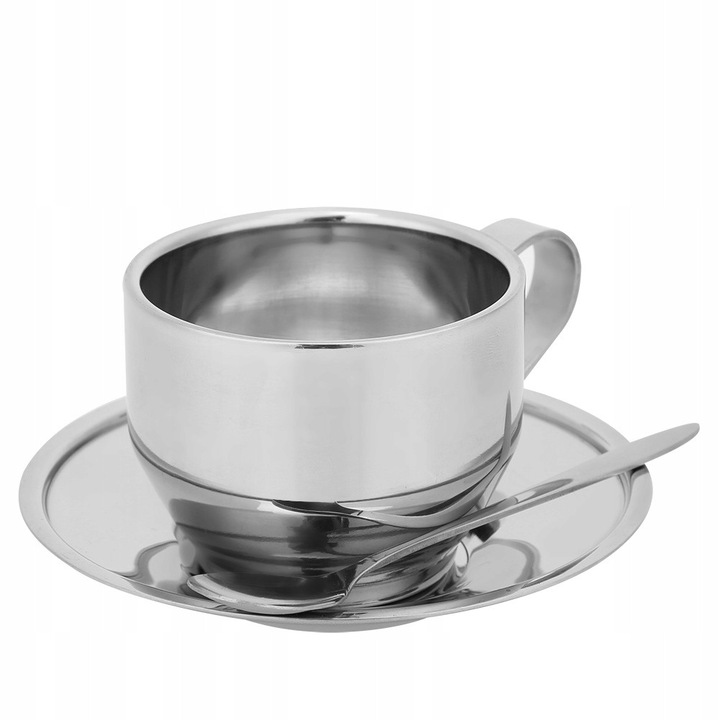 Set cani termos din inox, 12x6cm, argintii, include cana, farfurie si lingura