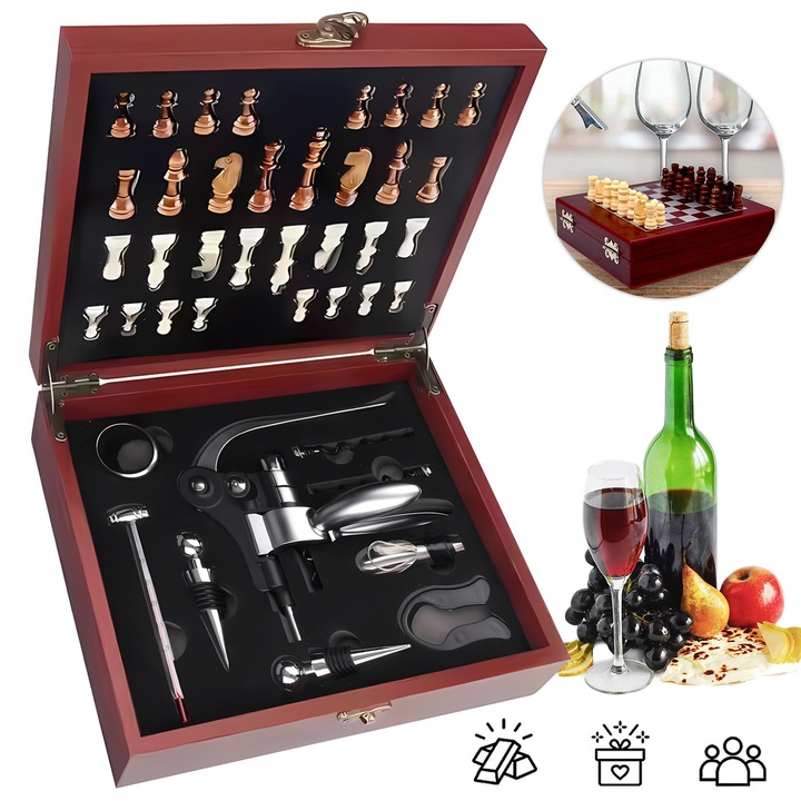Wacorresi® Bor-kiegészítő készlet táblával és sakkfigurákkal, 9 darabos, Palacknyitó kiegészítők, Borgyűrű, Bortöltő, Fóliavágó kés