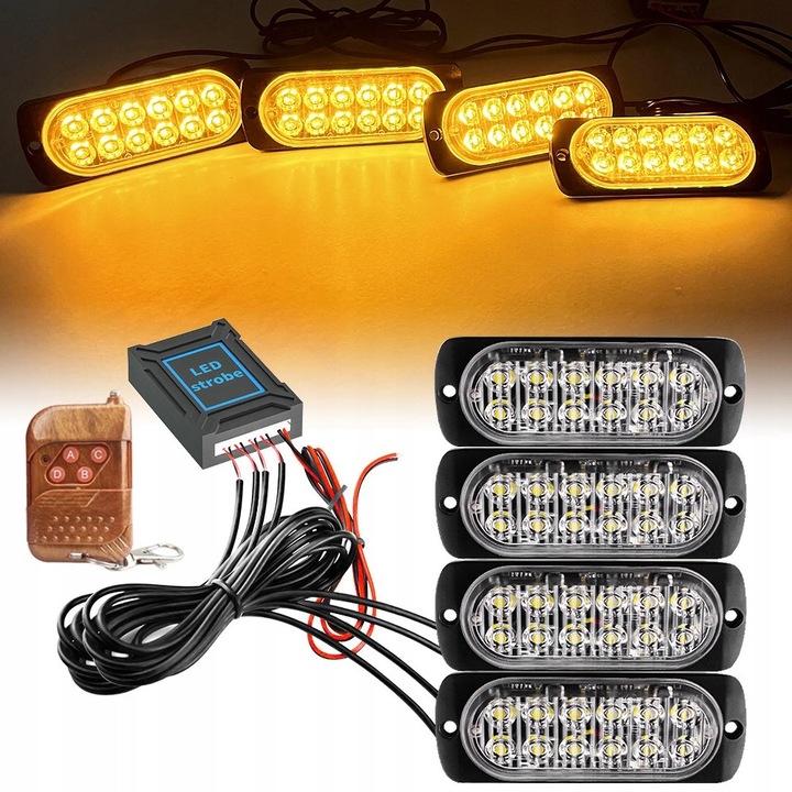 4 db 12 LED-es stroboszkóp lámpa készlet 12V, vízálló IPX4, 100m távirányító, méretek 112x41x10mm