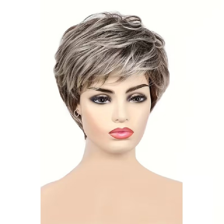 Peruca scurta Blond Gri, fibra sintetica cu aspect natural, par drept, Animis Beauty ®