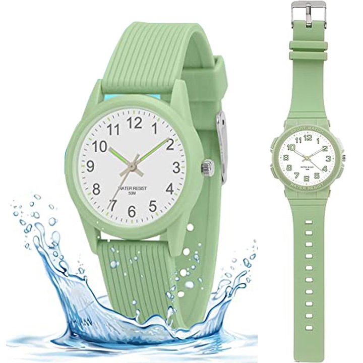 Ceas analogic pentru copii, Juerbiz, waterproof 50m, verde, 4-12 ani