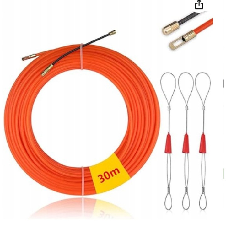 Nylon kábelhúzó zsinór, 4mm, 30m, narancssárga, 360°-ban forgatható véggel