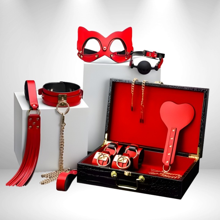 Комплект аксесоари за бондаж от 8 части, естествена кожа, маска за очи, белезници, нашийник с каишка, червен