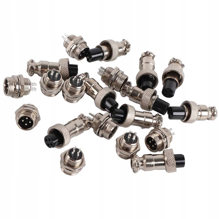 Set 10 bucati conectori GX12 4 pini 12mm, argintii, pentru cabluri