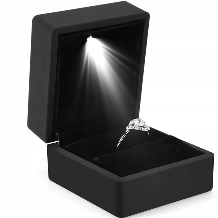 Cutie pentru inel cu iluminare LED, neagra, 6,5x6x5cm