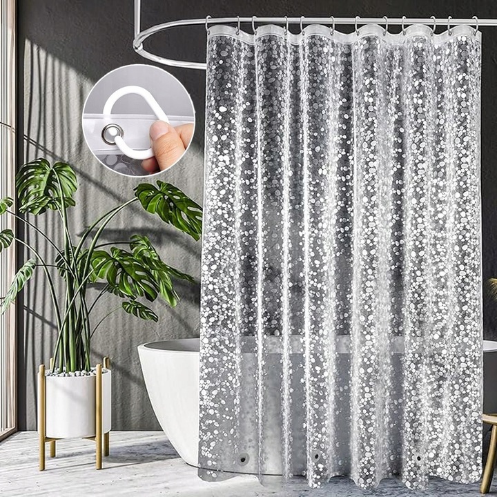 Zaslona de dus set 180x200cm, 3D, transparenta, material EVA, 12 inele plastice