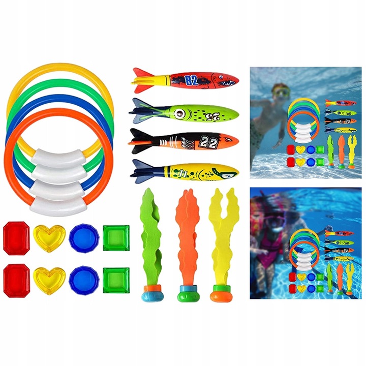 Set jucarii de baie, 19 piese, inele de scufundare, multicolor