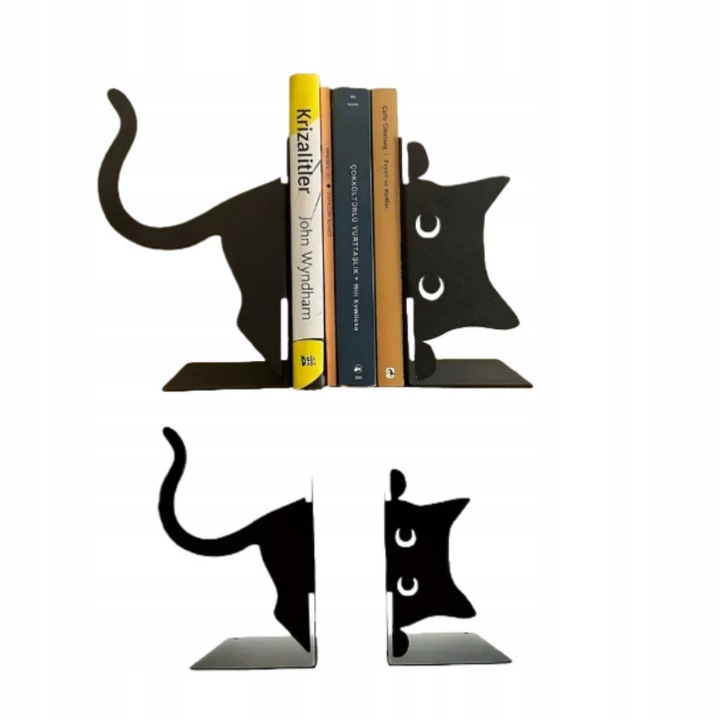 Suport metalic pentru carti, forma de pisica, negru, 17x8x10cm