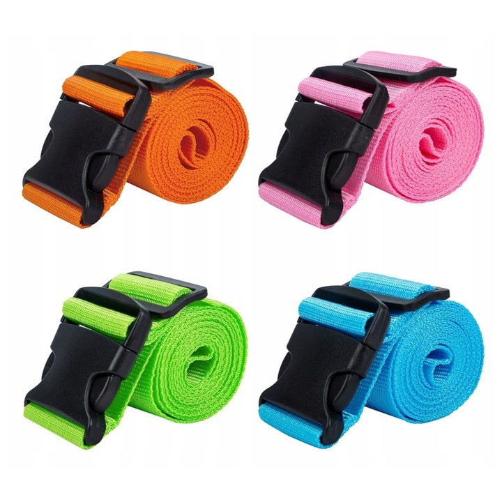 Set 4x curele bagaj pentru valize cu 4 etichete, lungime reglabila 120-200cm, latime 5cm, culori stralucitoare