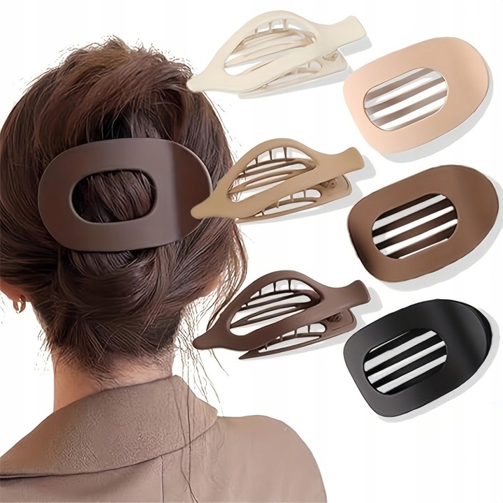 Hajkiegészítő szett, 3 db "8" alakú hajcsat (fekete, barna, lila-rózsaszín) és 6 db lapos hajcsat (ovális és nyíl) 6 színben, tartós anyag, kis méret.