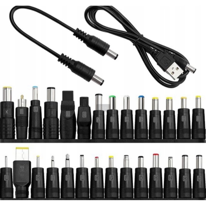 Set adaptoare DC pentru laptop, 19 conectori, cablu USB de 1.5m, 20V 65W